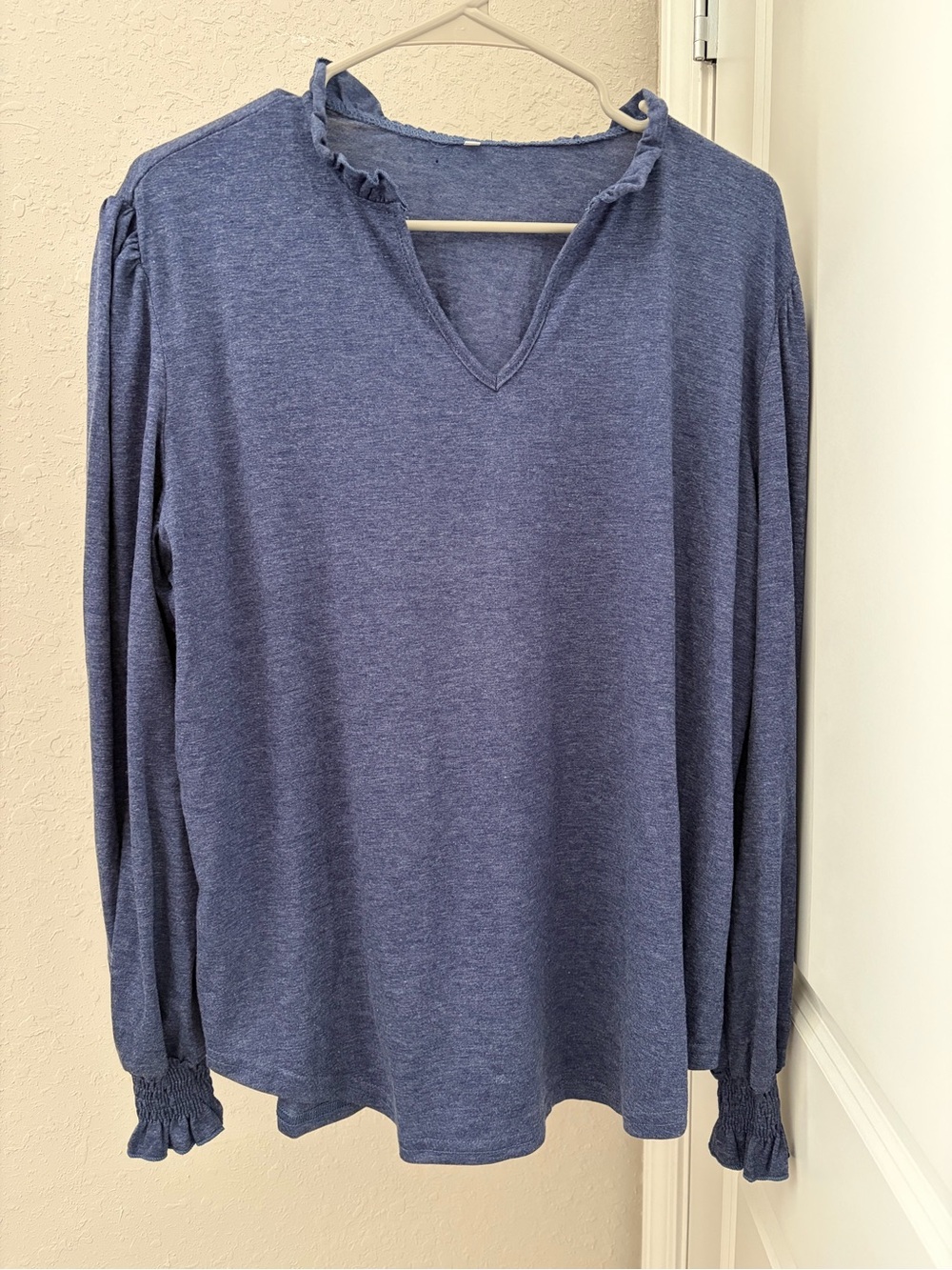 Blue Long Sleeve Ruffle Neck Top